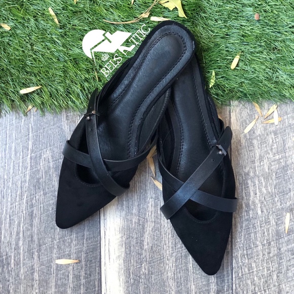 Vegan Suede Black Pointed Toed Slip On Flat Mules - Picture 3 of 5